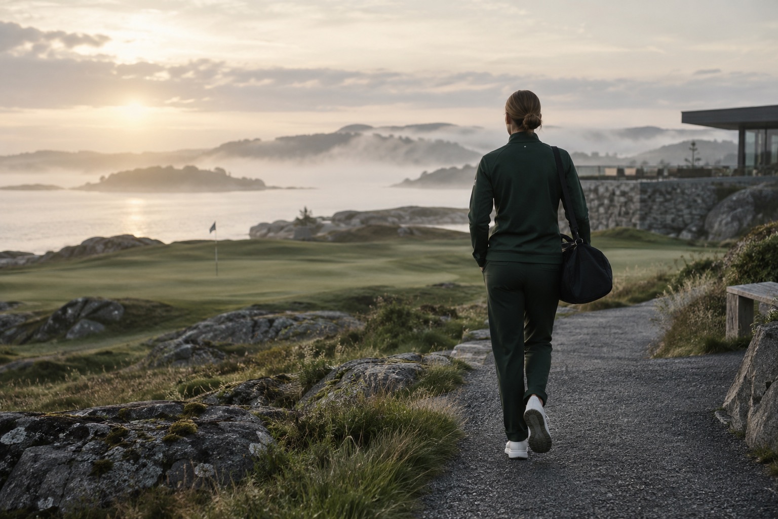 Atleta in abbigliamento verde scuro su un campo da golf costiero norvegese